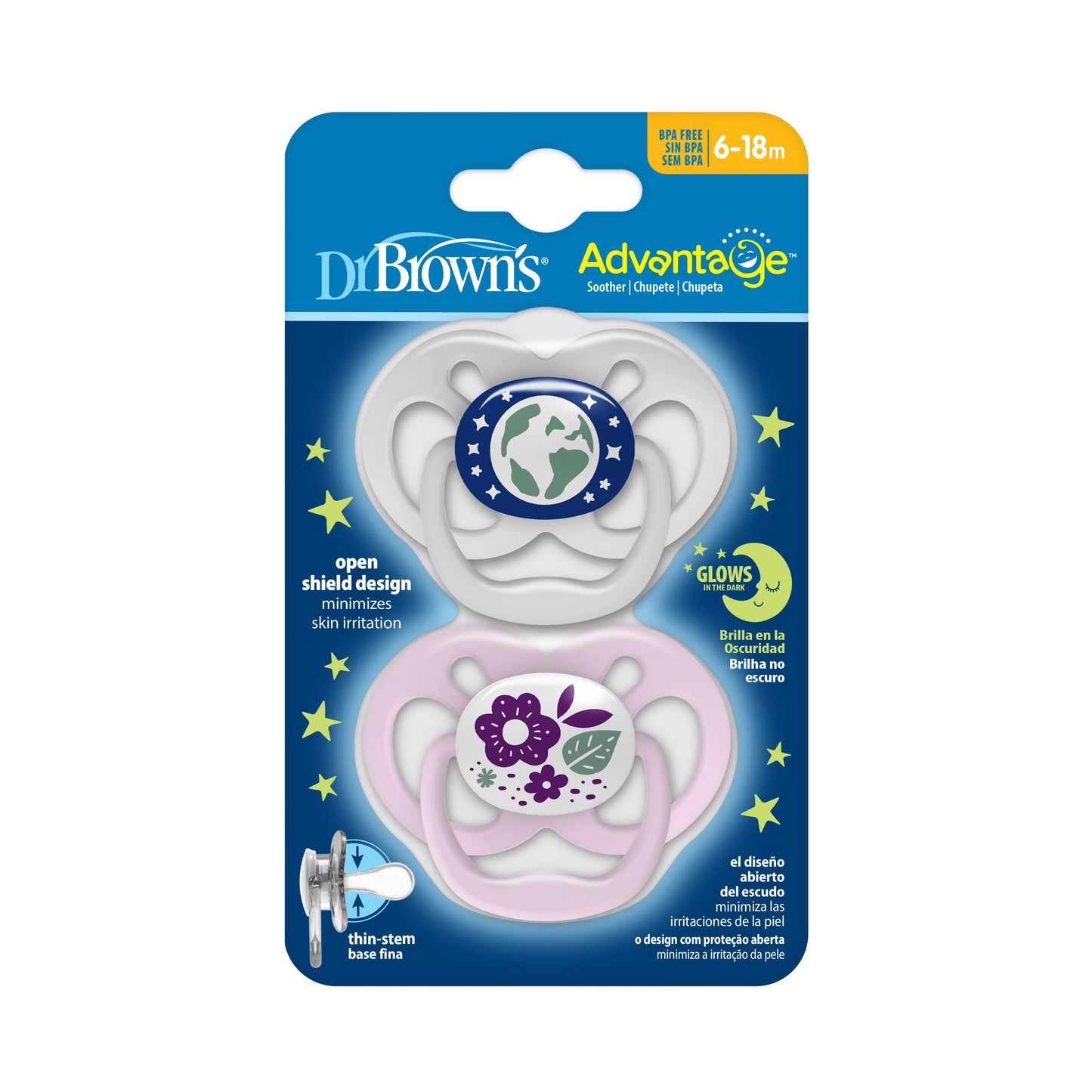 Advantage Pacifiers Glow in The Dark Stage 2 (6-18) Pink (Pack of 2)