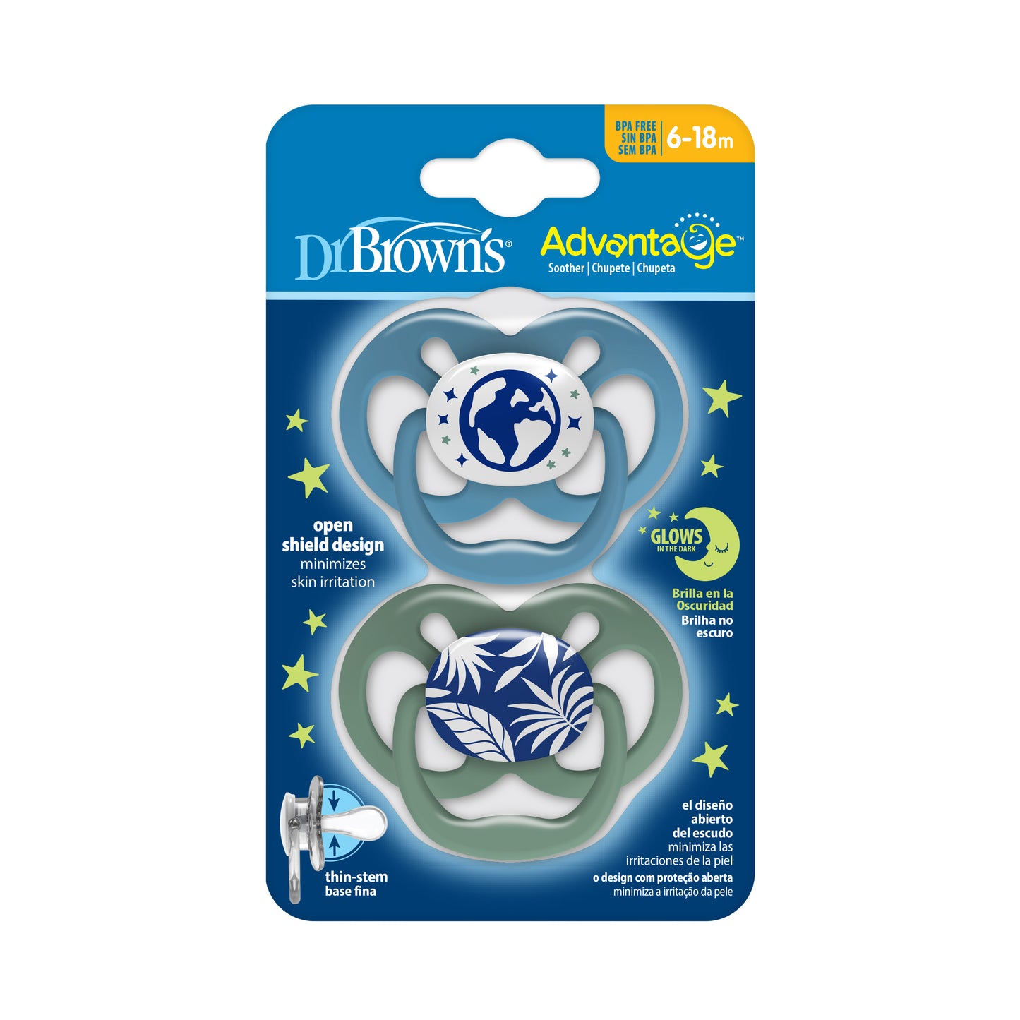 Advantage Pacifiers Glow in The Dark Stage 2 (6-18) Blue (Pack of 2)