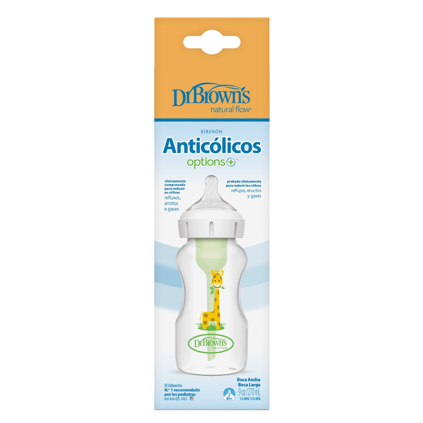 Wide neck 270 ml OP+ bottle with level 2 nipple giraffe design