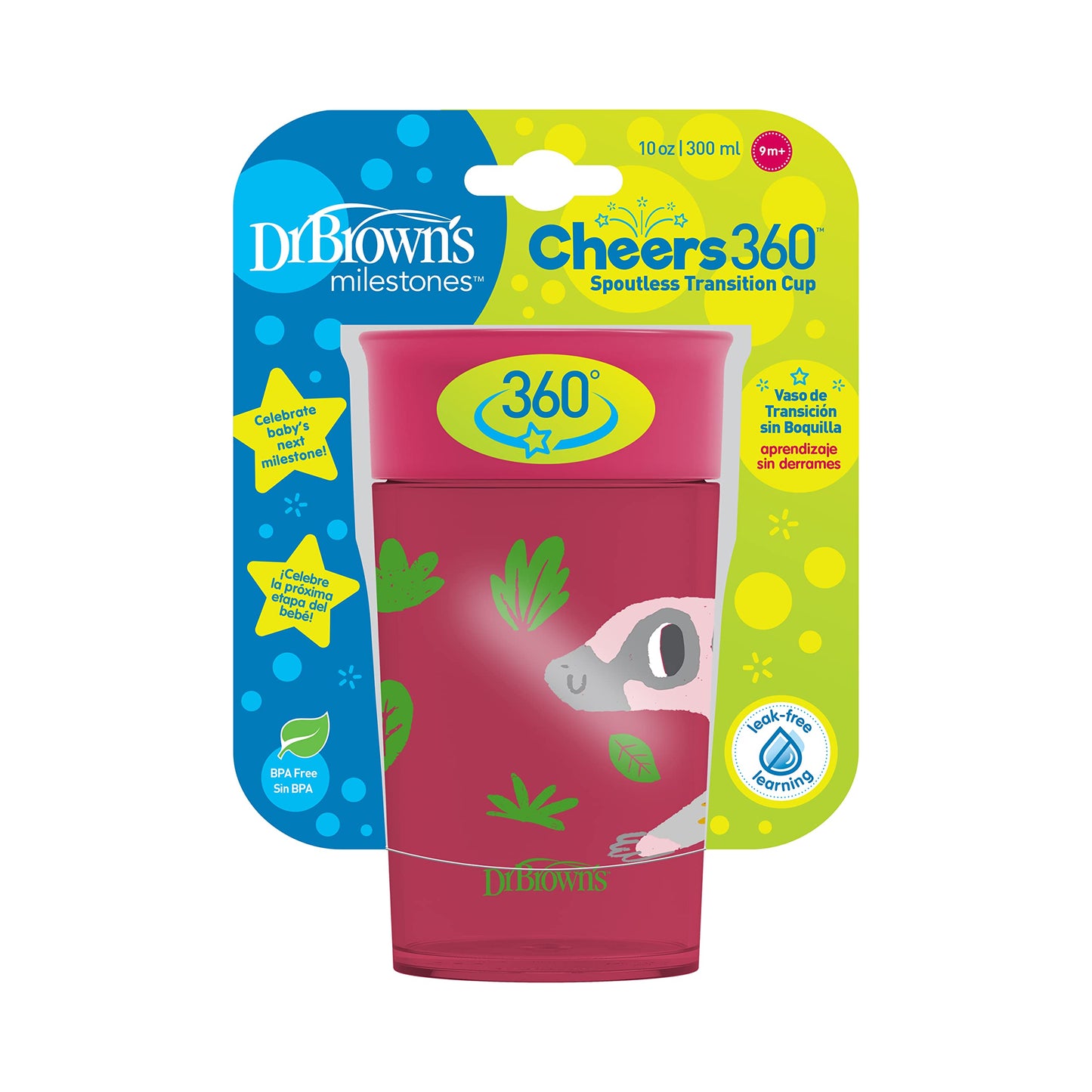 Jungle Fun Cheers 360 Spoutless Transition Sippy Cup with Handles, 10oz/300ml, 9m+, Pink/Blue/Green/Light Pink