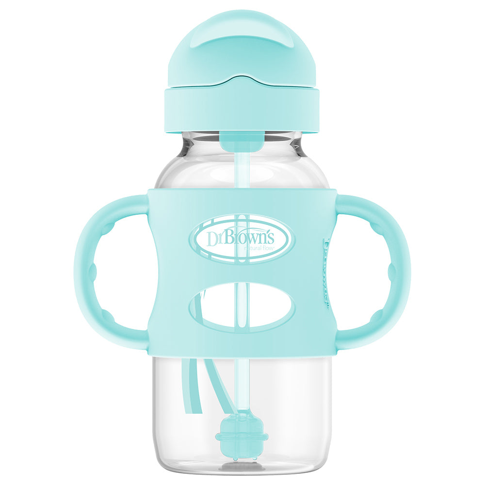 Sippy Straw Wide Neck, Bottle with Silicone Handles, 9oz/270mL, Turquoise/Pink/Grey/Blue 6m+