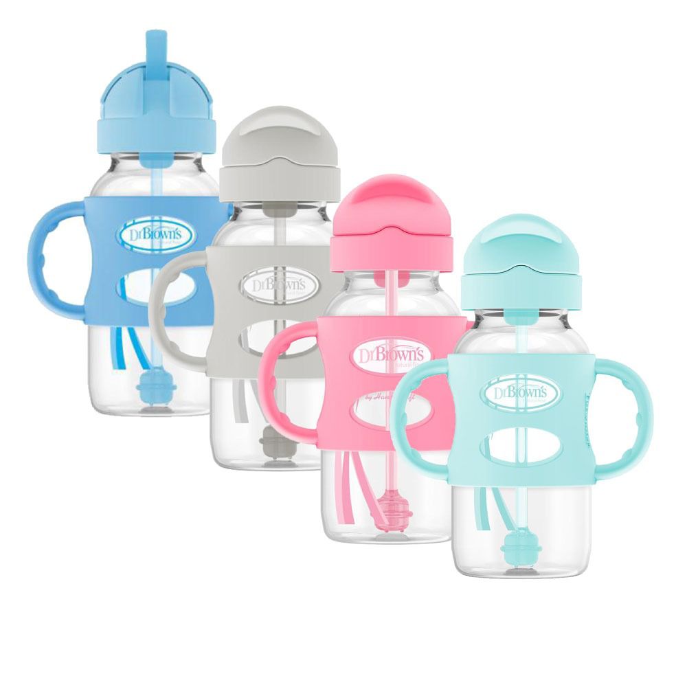 Sippy Straw Wide Neck, Bottle with Silicone Handles, 9oz/270mL, Turquoise/Pink/Grey/Blue 6m+