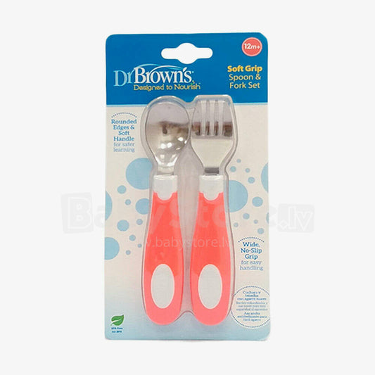 Soft grip spoon&fork set, coral