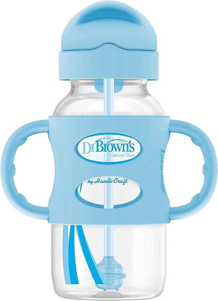 Sippy Straw Wide Neck, Bottle with Silicone Handles, 9oz/270mL, Turquoise/Pink/Grey/Blue 6m+